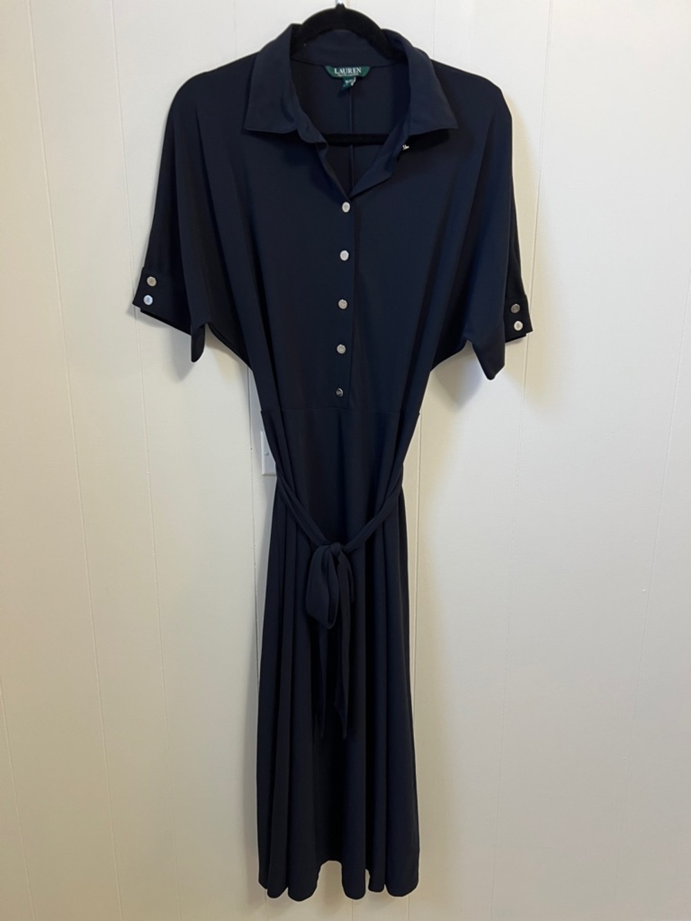 NEW Lauren Ralph Lauren Belted Button Front Stretch Knit Midi Dress Navy Blue 1X